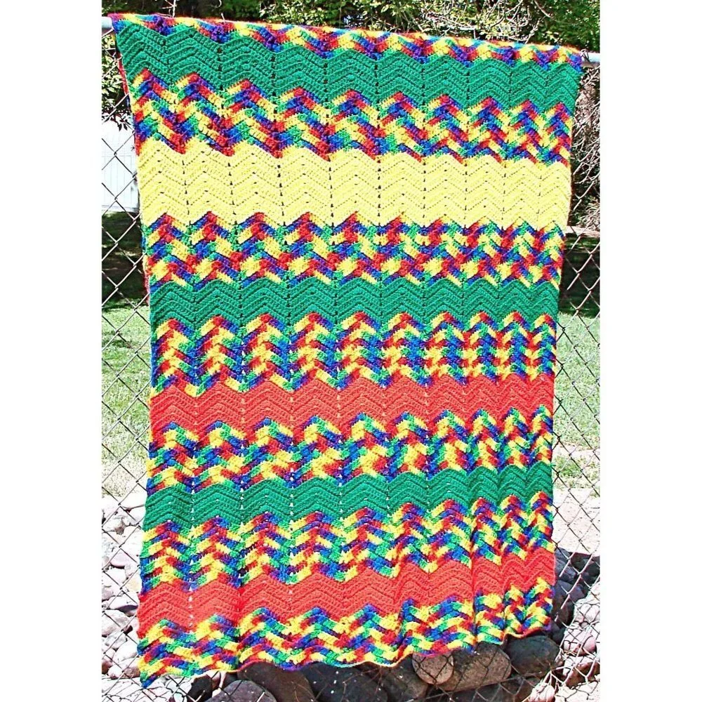 Vintage Handmade Rainbow Stripe Zig Zag Crochet Afghan Blanket Throw 76x46